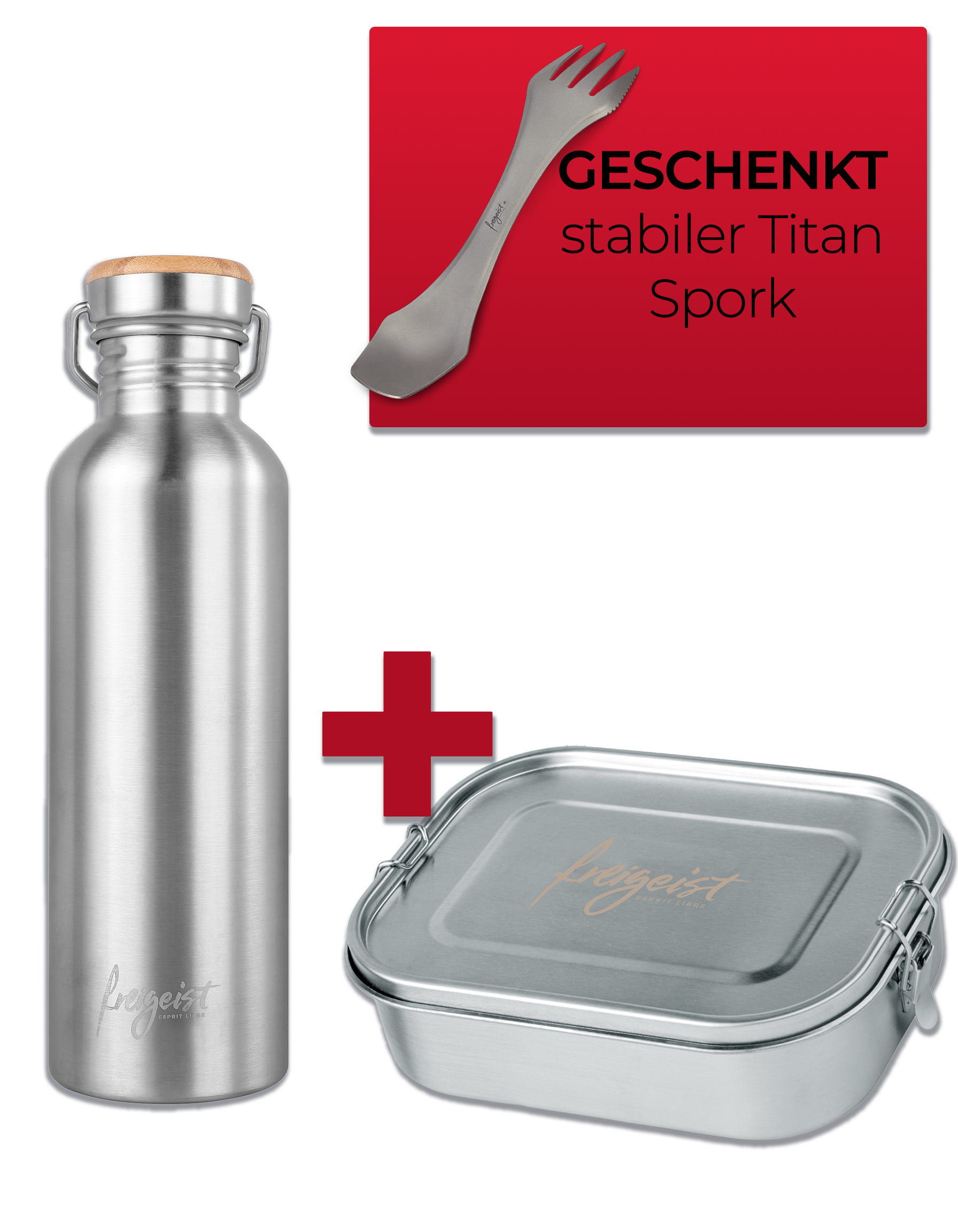 Thermosflasche aus Edelstahl 1000ml, Spork aus Titan und Lunchbox aus Edelstahl – nachhaltige Outdoor-Ausrüstung für unterwegs.