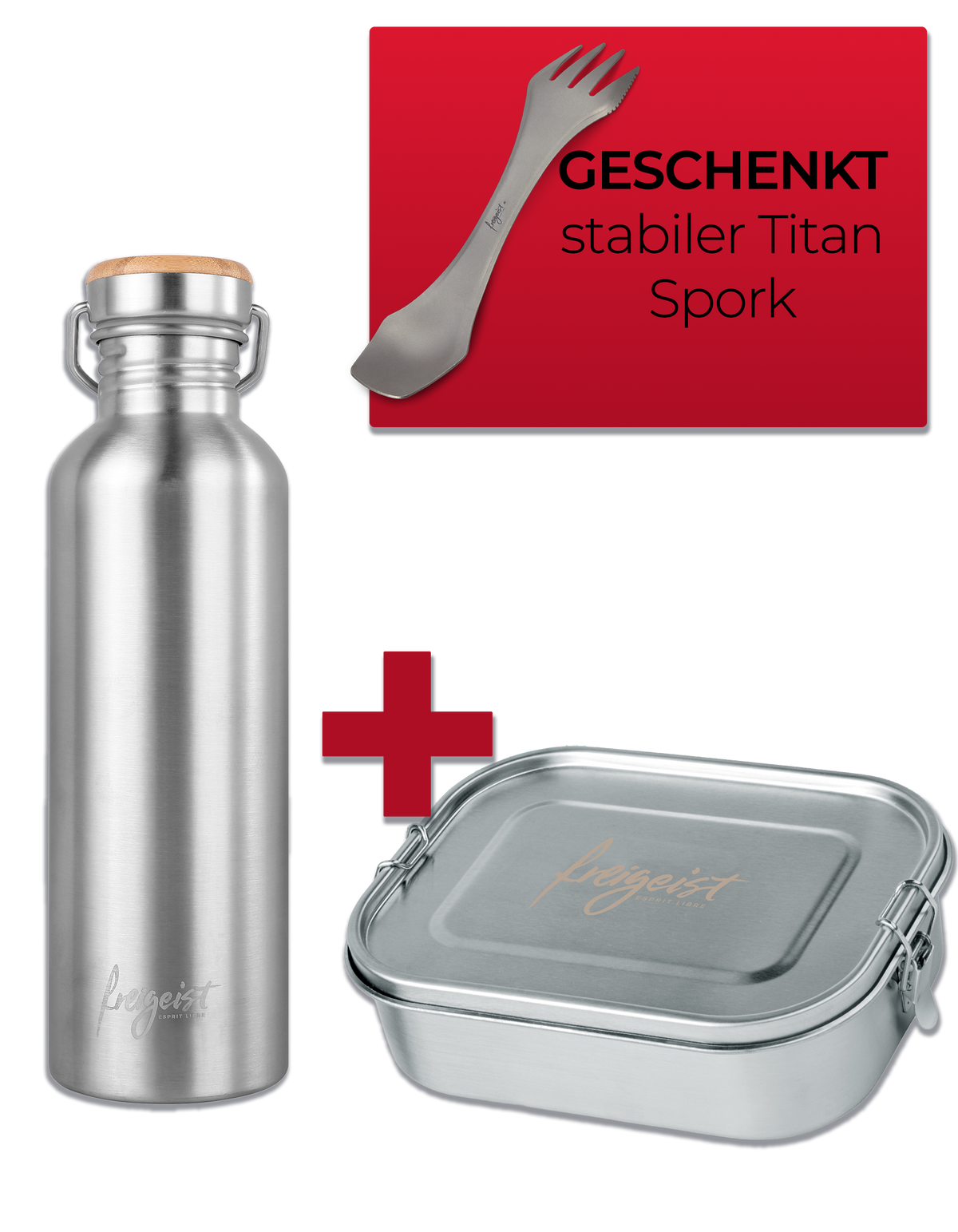 Thermosflasche aus Edelstahl 1000ml, Spork aus Titan und Lunchbox aus Edelstahl – nachhaltige Outdoor-Ausrüstung für unterwegs.