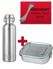 Thermosflasche aus Edelstahl 1000ml, Spork aus Titan und Lunchbox aus Edelstahl – nachhaltige Outdoor-Ausrüstung für unterwegs.